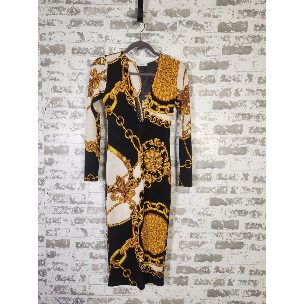 Baroque Black Gold Chain Print Midi Dress Size XS Bodycon Equestrian Maximalist